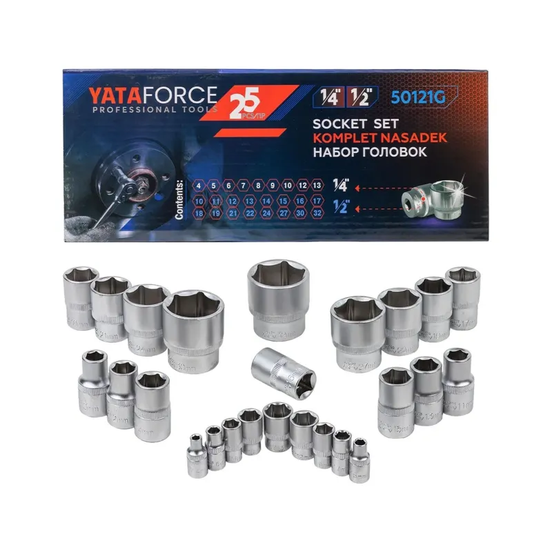 YATAFORCE Socket Set 1/2, 1/4 inch (12.7, 6.3 mm) Drive CRV Alloy Steel 6 Point, YF-50121G (Pack of 25 Pcs)