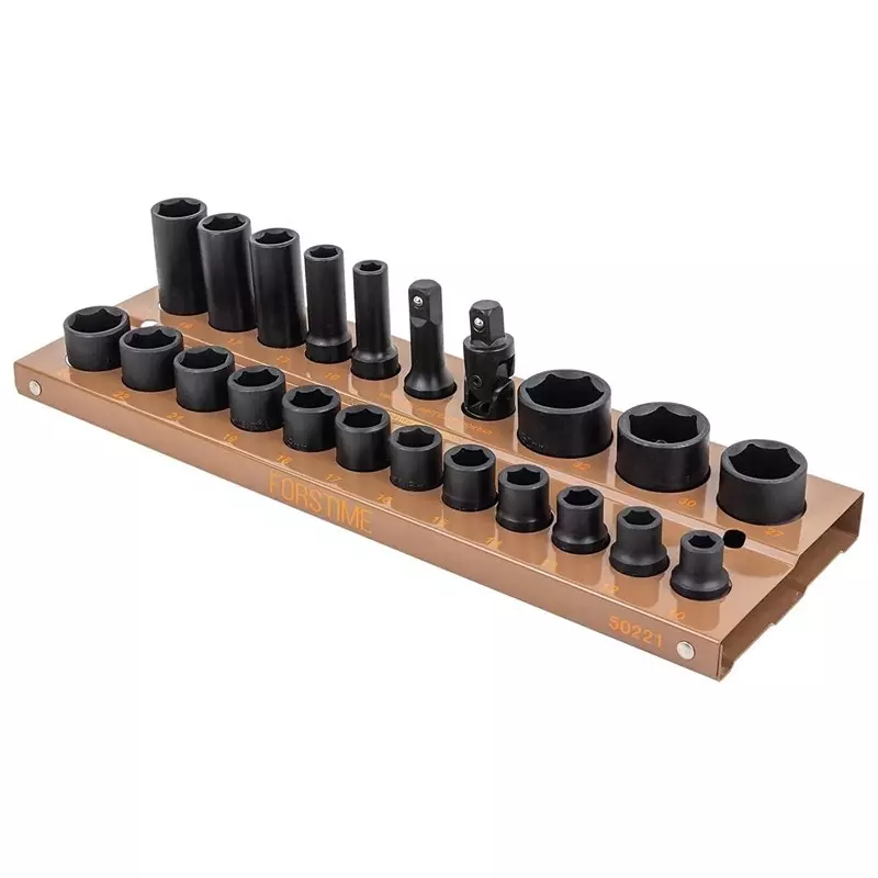 FORSTIME 22 Piece Impact Socket Set 12.7 mm (1/2 inch) Drive Size 6 Point Chrome Molybdenum Steel Black