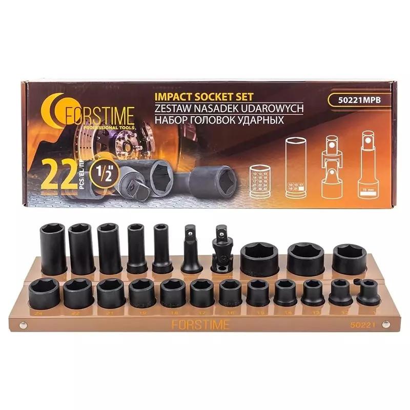 FORSTIME 22 Piece Impact Socket Set 12.7 mm (1/2 inch) Drive Size 6 Point Chrome Molybdenum Steel Black