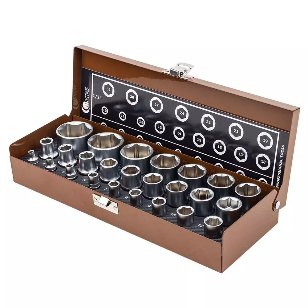 FORSTIME 25 Piece Socket Wrench Set 1/2 & 1/4 inch Drive Size Chrome Vanadium Steel Silver For Car, Bike & Garage Repairs