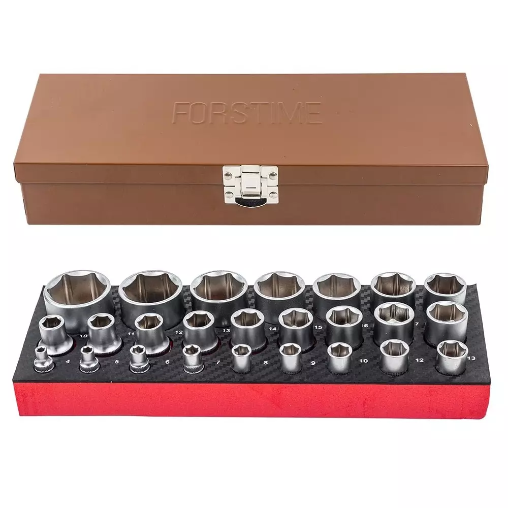 FORSTIME 25 Piece Socket Wrench Set 1/2 & 1/4 inch Drive Size Chrome Vanadium Steel Silver For Car, Bike & Garage Repairs