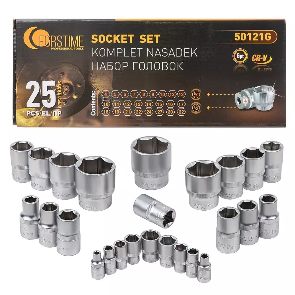 FORSTIME 25 Piece Socket Wrench Set 1/2 & 1/4 inch Drive Size Chrome Vanadium Steel Silver For Car, Bike & Garage Repairs
