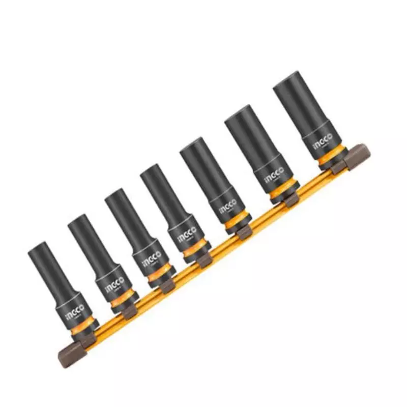 Ingco Deep Impact Socket Set 12.7 mm (1/2 inch) Drive Size Cold Extrusion, Heat Treatment Cr-Mo Black, HKISSD12072L (Pack of 7)