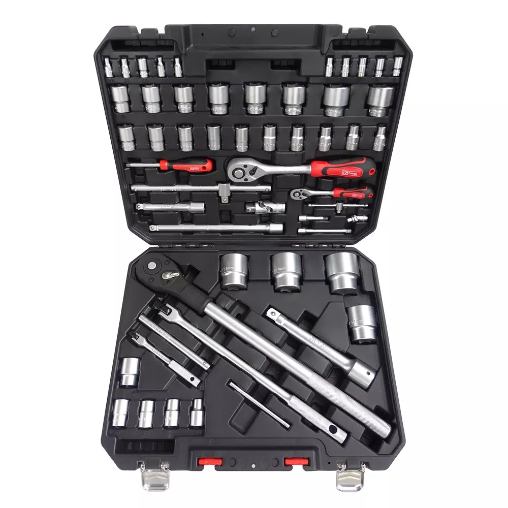 RS PRO Socket Set Chrome Vanadium Steel Satin Chrome 54 Piece 1/4, 1/2, 3/4in Square 6 Point, 2753840