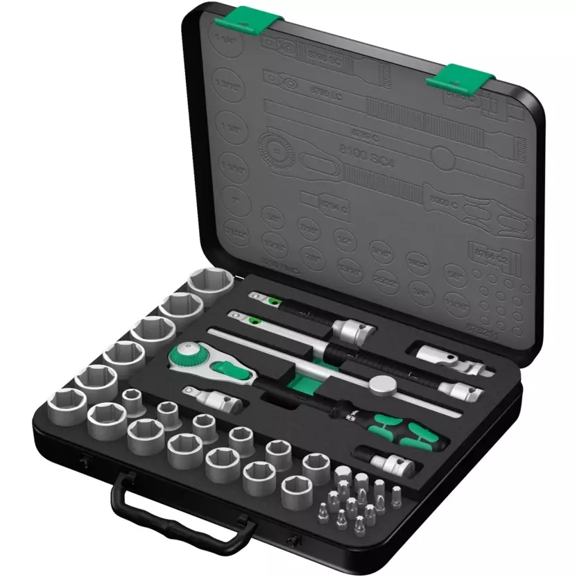 Wera 8100 SC 4 Zyklop Speed Ratchet Set Imperial with 1/2 inch (12.7 mm) Drive and Freely Pivoting Ratchet Head, 5003647001 (Set of 38)