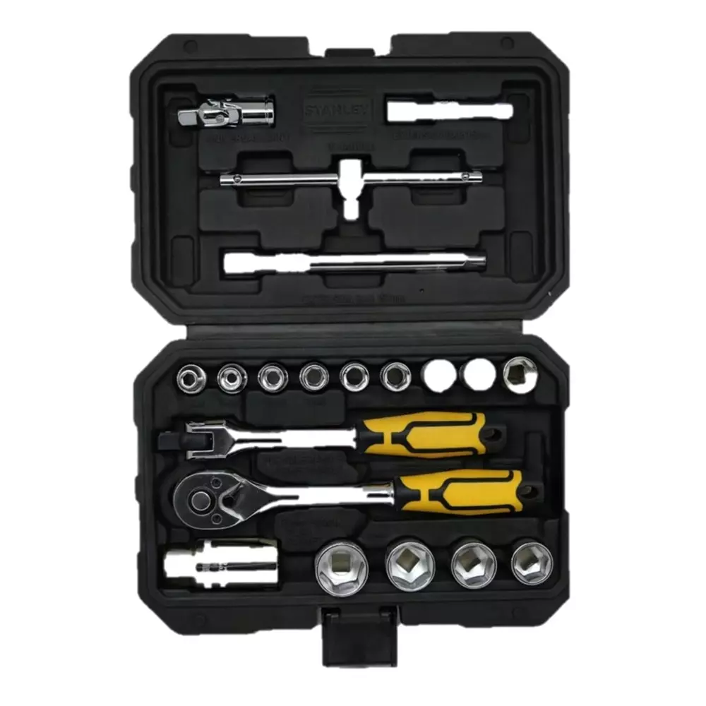 STANLEY 20 Pcs Socket Set With Ratchet Handle, 3/8 inch (9.5 mm) Square Drive and Chrome Plated Finish, STMT79056