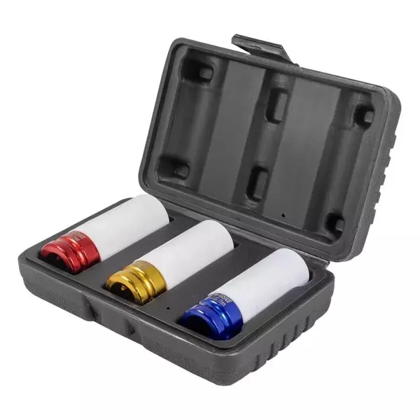 FORSAGE Impact Sockets 17, 19, 21 mm Socket Size 6 Point Hex Chromium Vanadium Steel Red, Yellow, Blue, F-4032 (Set of 3)