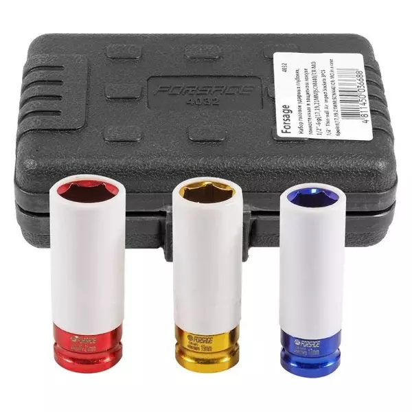 FORSAGE Impact Sockets 17, 19, 21 mm Socket Size 6 Point Hex Chromium Vanadium Steel Red, Yellow, Blue, F-4032 (Set of 3)