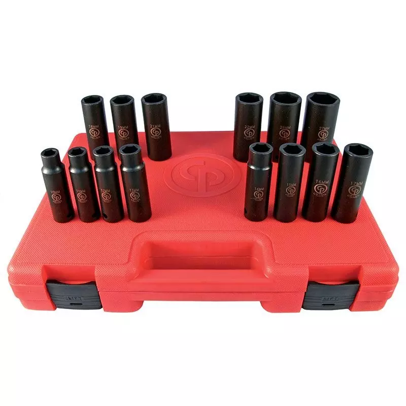 Chicago Pneumatic Metric Deep Impact Socket Set 1/2 inch (12.7 mm) Square Drive and Chrome-Molybdenum Steel Body, SS4114D