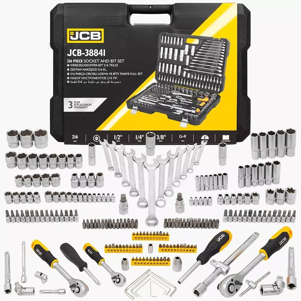 JCB 216 Pcs Sockets and Bit Kit Chrome Vanadium Steel Black, JCB-38841