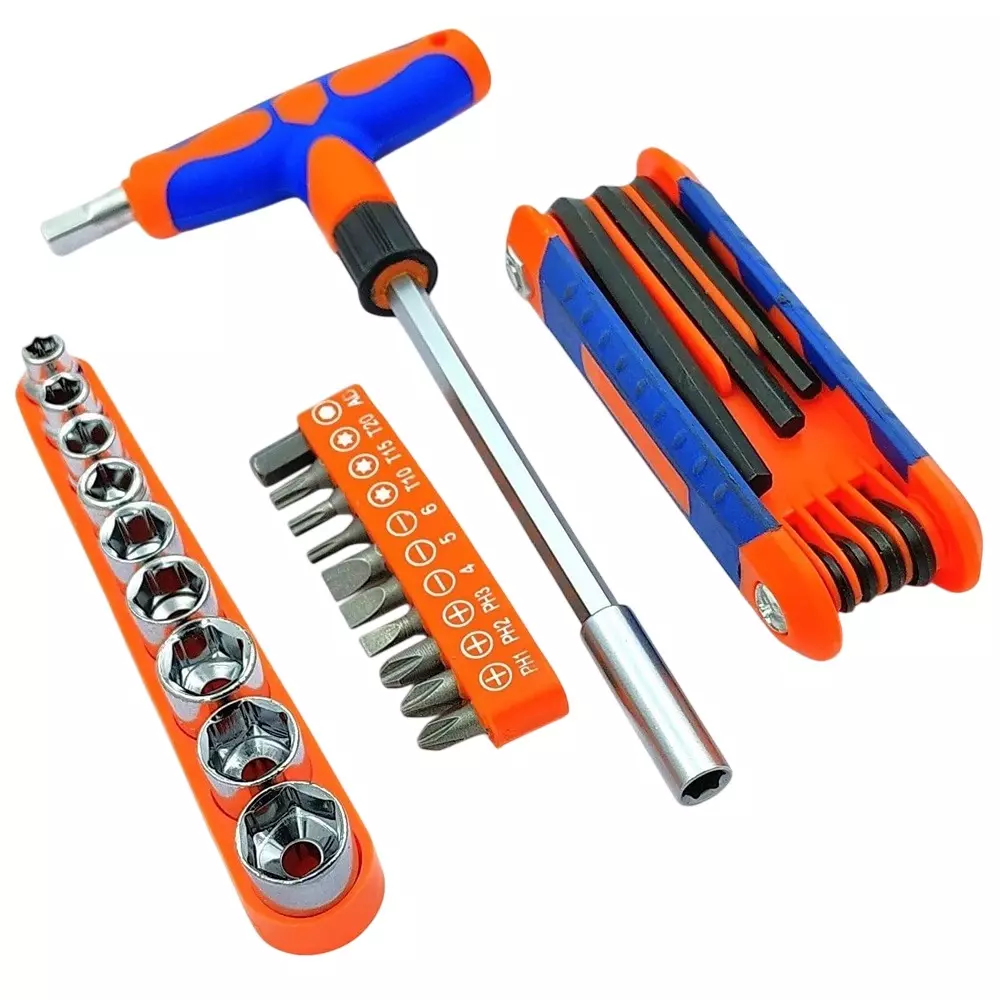 A.D international Magnetic T-Handle Ratchet Wrench with 9 Pcs Screwdriver Sockets, 10 Pcs Screw Driver Heads & Allen Key Set Combo Steel & Plastic Silver & Orange Ergonomic Easy Grip for Industrial Use