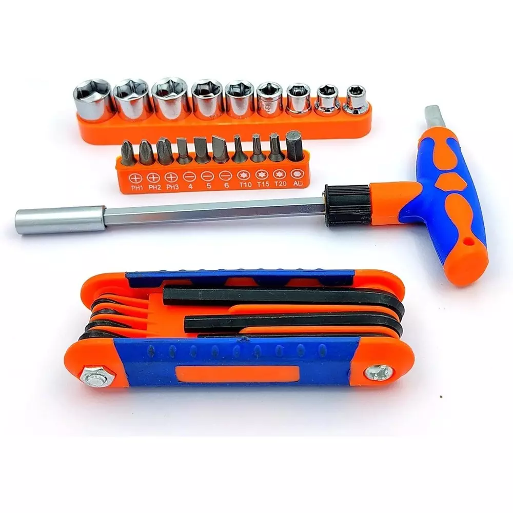 ad-international-25-pcs-magnetic-t-handle-ratchet-wrench-screwdriver-sockets-screw-driver-heads-allen-key-combo-steel-plastic-silver-orange-ergonomic-easy-grip-for-industrial-use