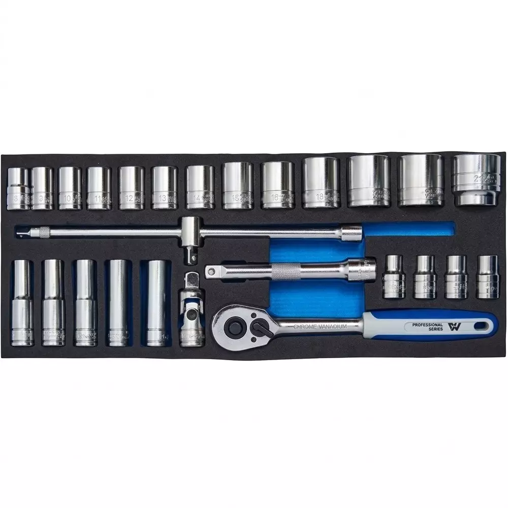 Blue-Point 25 Pcs 1/2 inch (12.7 mm) Drive Socket Set with Chrome Finish Alloy Steel Body and Modular Foam Kit Packaging, BPS12ALIN