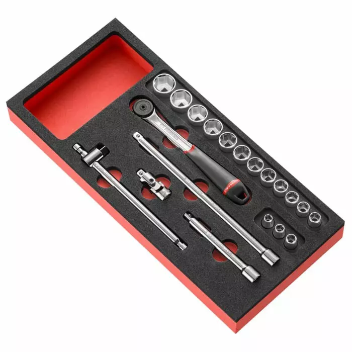 Facom 20-Piece Metric 3/8 inch Standard Socket Set with Ratchet, 6 point, MODM.J161-36PB