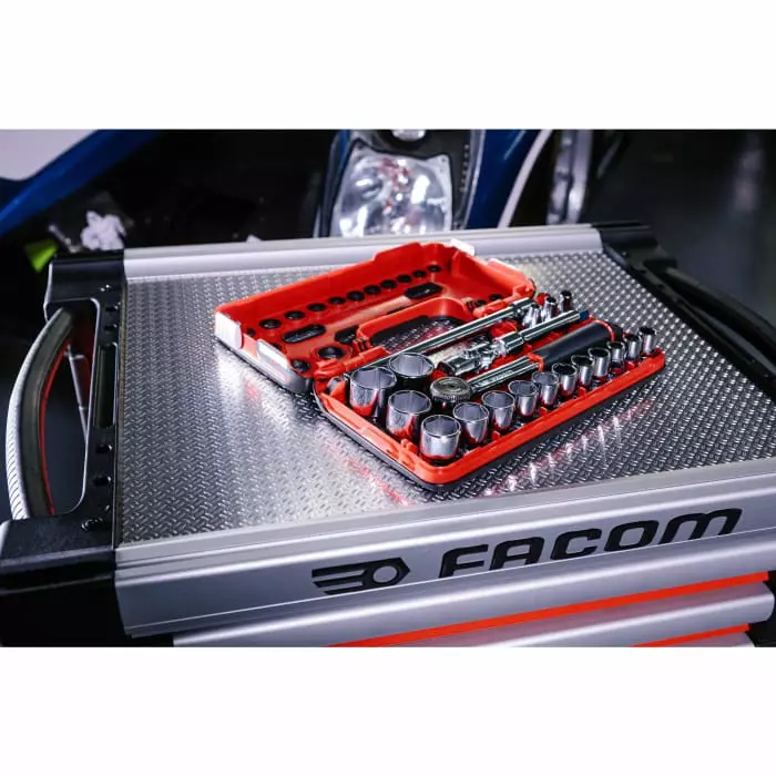 Facom 21-Piece Metric 1/2 inch Standard Socket Set with Ratchet, 6 point, S.161DBOX1PB