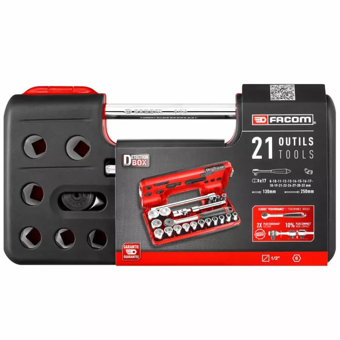Facom 21-Piece Metric 1/2 inch Standard Socket Set with Ratchet, 6 point, S.161DBOX1PB
