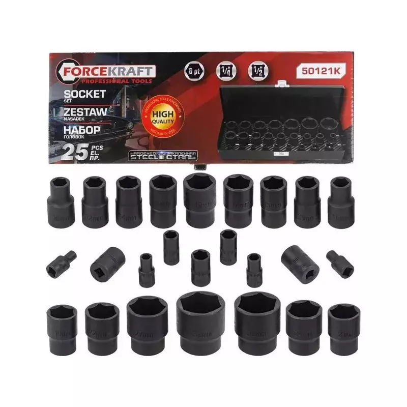 FORCEKRAFT 25 Pcs Manual Sockets Kit Chrome Vanadium Steel 1/2 Inch & 1/4 Inch (12.7 mm & 6.3 mm) Drive Size , FK-50121K