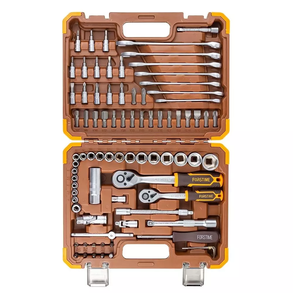 FORSTIME 82 Piece Socket Set 1/4 & 3/8 inch Drive Size 6 Point Chrome Vanadium Steel Silver