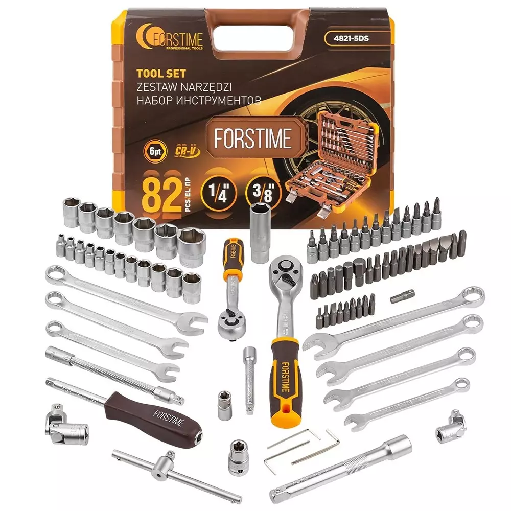 FORSTIME 82 Piece Socket Set 1/4 & 3/8 inch Drive Size 6 Point Chrome Vanadium Steel Silver