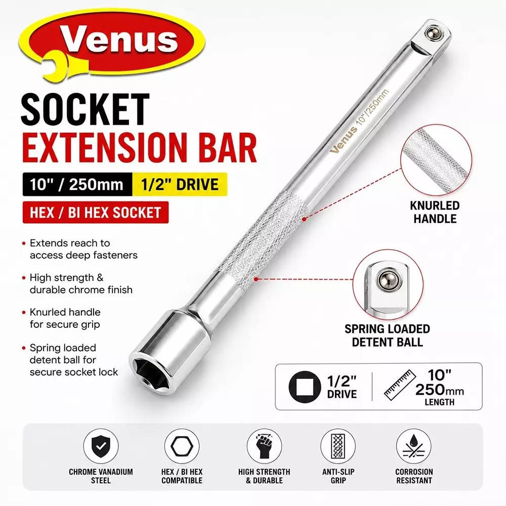 venus-socket-extension-rod-silver-chrome-vanadium-steel-10-inch-250-mm-length-for-12-inch-bi-hex-sockets-vn-extn-10250