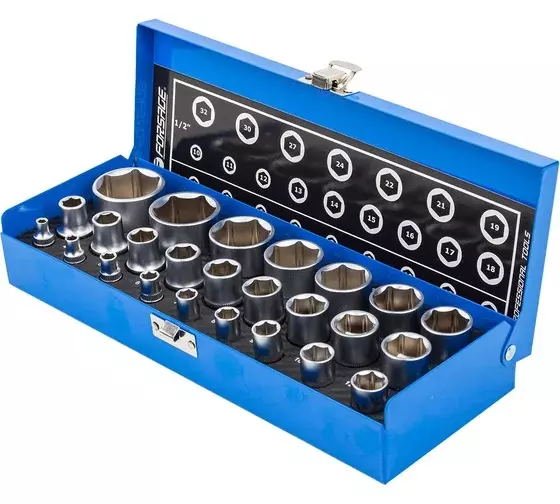 FORSAGE Socket Set 1/2, 1/4 inch 6 Point Hex Chromium Vanadium Steel Green, F-50121G (Set of 25)