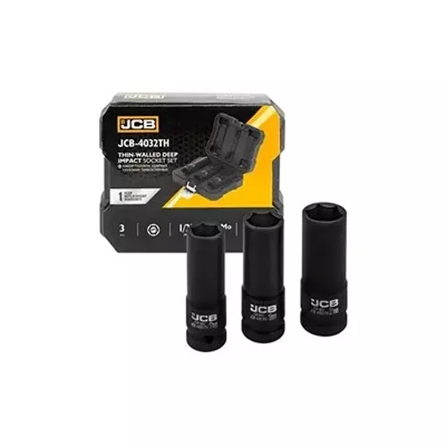 JCB 3 Pcs Thin Wall Air Impact Sockets Kit CrMo 6 Face 1/2 Inch (12.7 mm) Size Size Black, JCB-4032TH