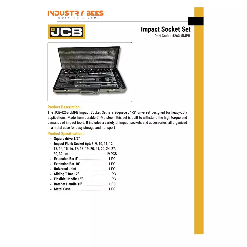 JCB 26 Pcs Air Impact Sockets Kit Chrome Molybdenum Steel 1/2 Inch (12.7 mm) Size Black, JCB-4263-5MPB