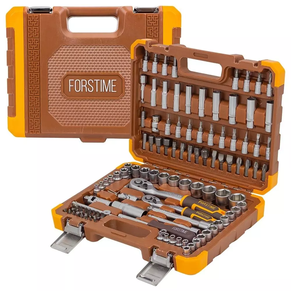 FORSTIME 108 Piece Socket Set with Case 1/4 & 3/8 inch Drive Size 6 Point Chrome Vanadium Steel Silver