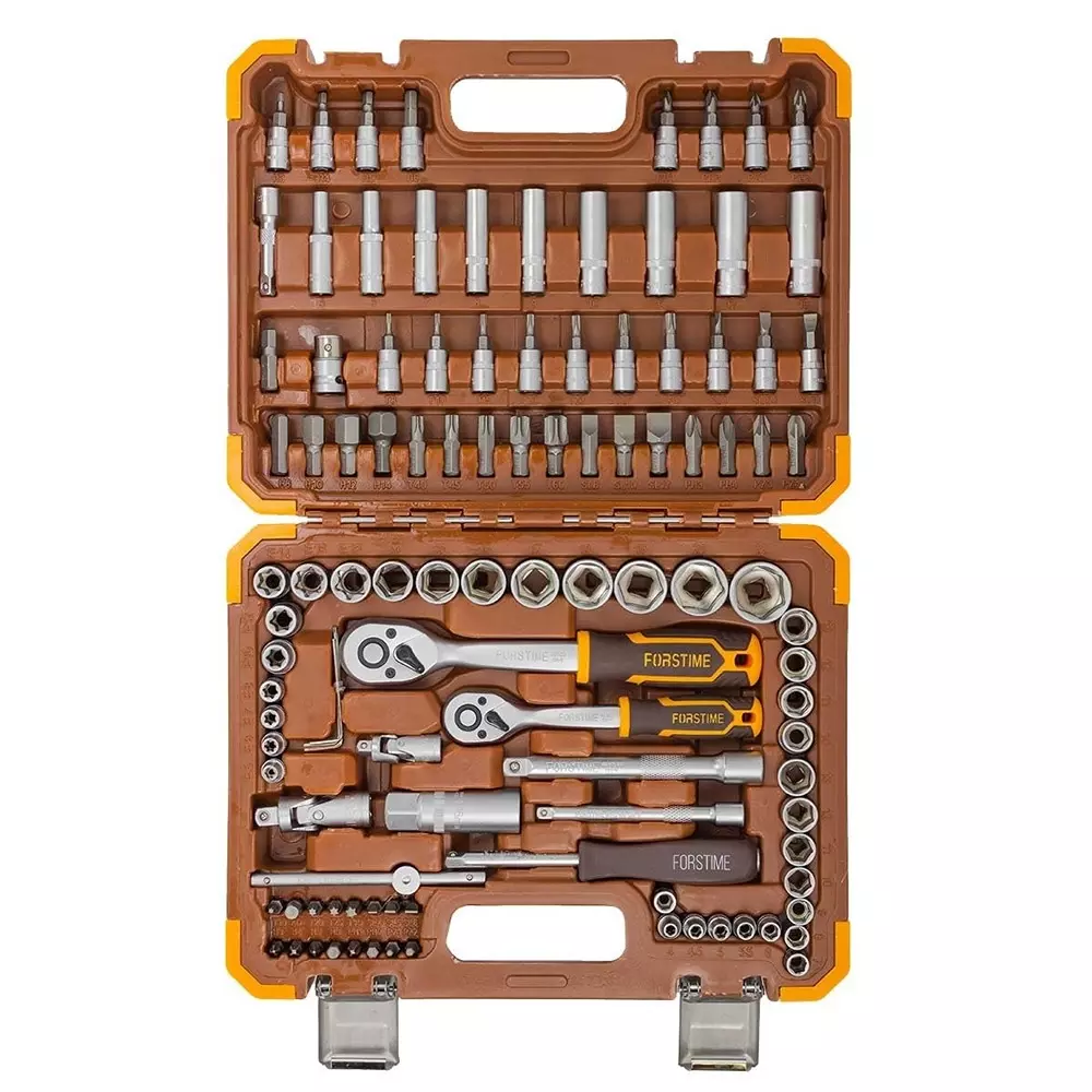 FORSTIME 108 Piece Socket Set with Case 1/4 & 3/8 inch Drive Size 6 Point Chrome Vanadium Steel Silver