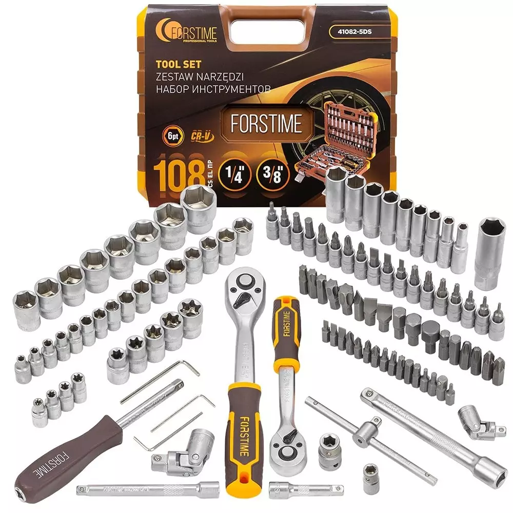 FORSTIME 108 Piece Socket Set with Case 1/4 & 3/8 inch Drive Size 6 Point Chrome Vanadium Steel Silver