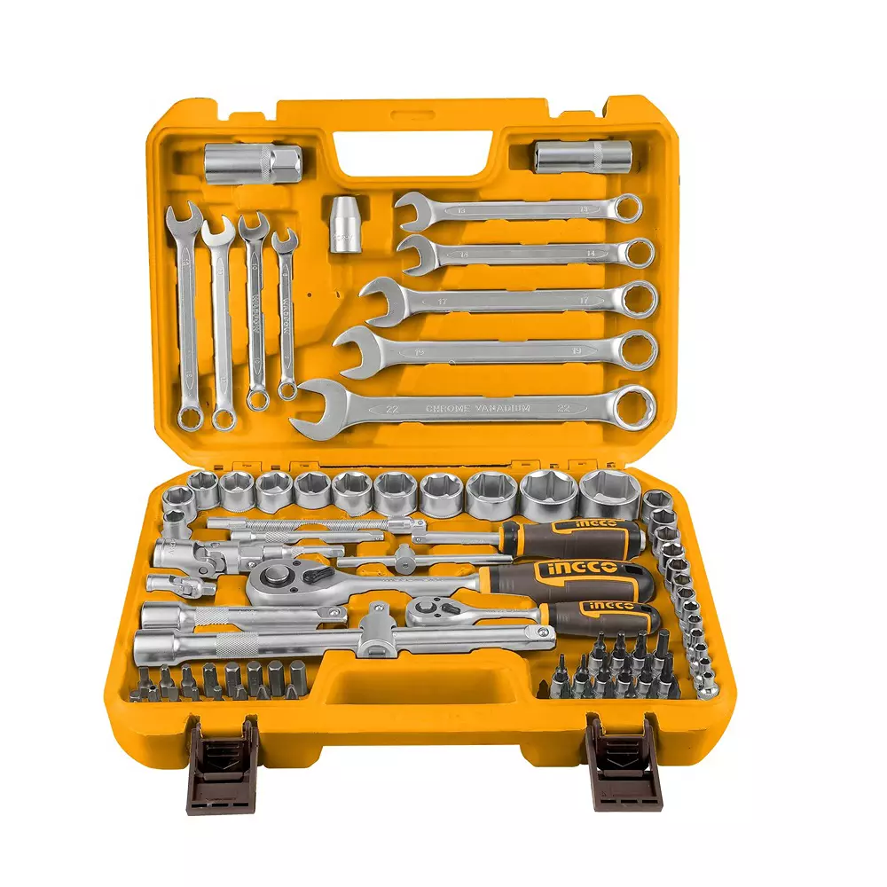 Ingco 82 Pcs Socket Set 6.3 & 12.7 mm Socket Size 72 T with Plastic Case Chromium Vanadium Steel, HKTS42802