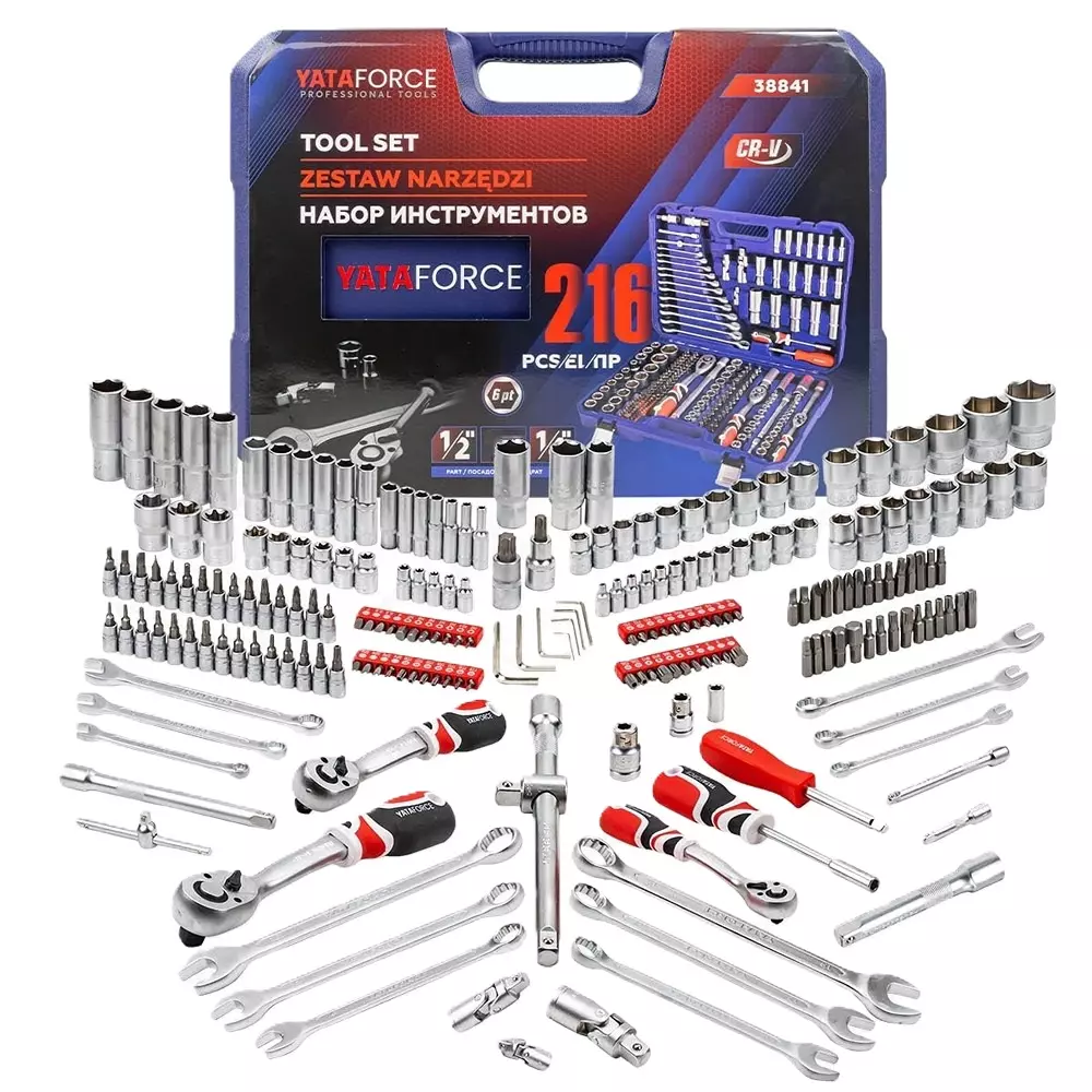 Yataforce 216 Pcs Socket Kit with Ratchet Wrenches Chrome Vanadium Steel 1/4 & 1/2 Inch (6.35 & 12.7 mm) Size Silver for Home, Garage & Auto Repairs Use