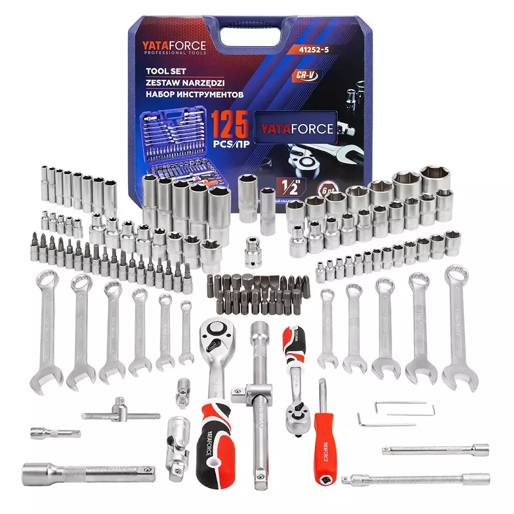 Yataforce 125 Pcs Socket Kit with Ratchet Wrenches Chrome Vanadium Steel 1/2 Inch (12.7 mm) Size Silver for Home, Garage & Auto Repairs Use