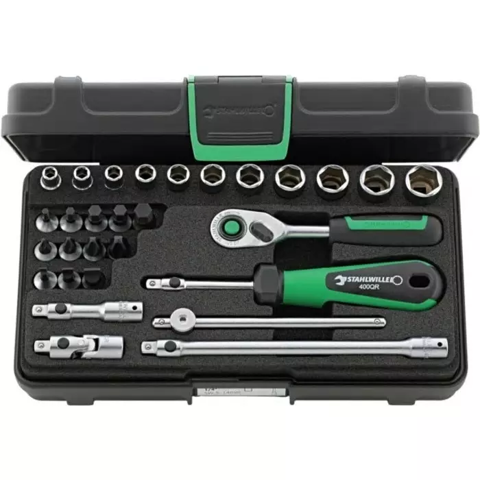 STAHLWILLE 29-Piece Metric 1/4 in Standard Socket/Bit Set with Ratchet, 6 point Hex Bit Phillips Bit Slotted Bit, 96011137