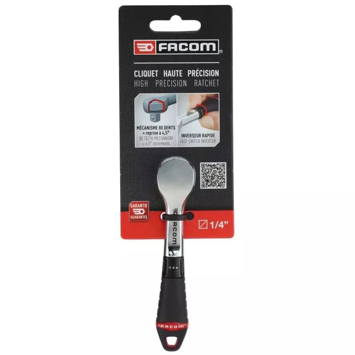 Facom 1/4 in Square Ratchet with Bi-material Elastomer Handle, 121.2 mm Overall, R.181PB