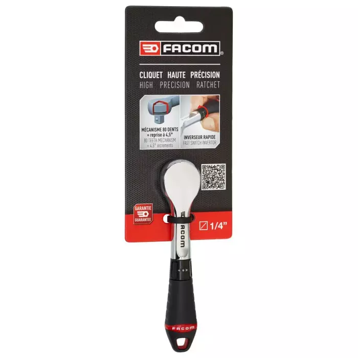 Facom 1/4 in Square Ratchet with Bi-material Elastomer Handle, 121.2 mm Overall, R.181PB