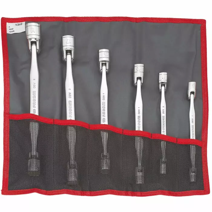 Facom 8 x 9 - 10 x 11 - 12 x 13 - 14 x 15 - 16 x 18 - 17 x 19 mm Hex Socket Wrench with Hinged Handle, 360 mm, 66A.JE6T