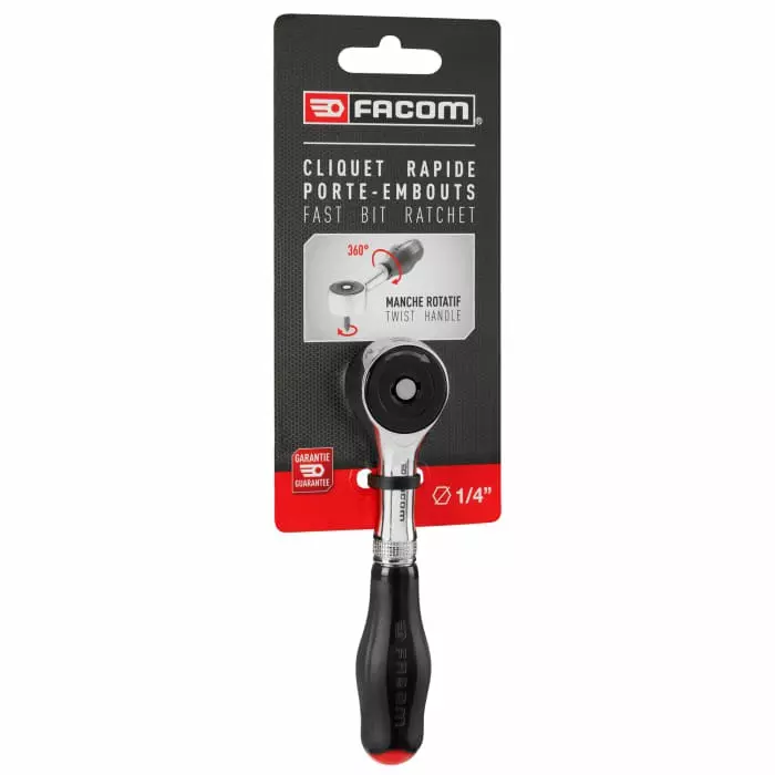 Facom 1/4 in Square Ratchet with Bi-material Elastomer Handle, 120 mm Overall, R.PE360PB