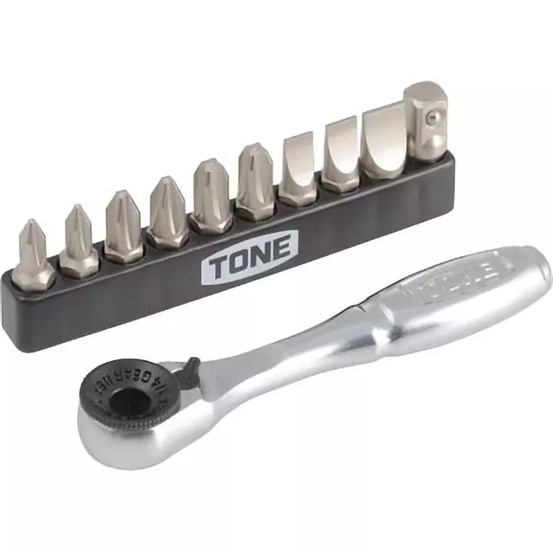 TONE Bit Ratchet Set 1 bit ratchet, screwdriver bit (+) No. 1, 2 and 3 (2 each), (-) 5.5, 6 and 8 (1 each), bit adapter BTA2 1, BR10S (Set of 11 Pcs)