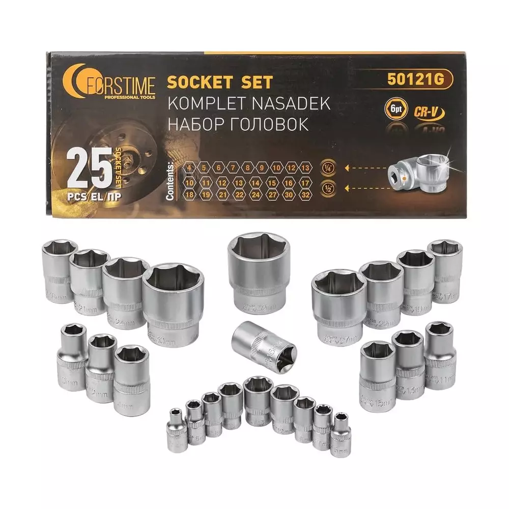 FORSTIME Impact Socket Set 1/4 inch and 1/2 inch Drive Size 6 Point, FT-50121G (Set of 25)