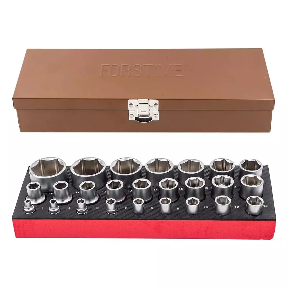FORSTIME Impact Socket Set 1/4 inch and 1/2 inch Drive Size 6 Point, FT-50121G (Set of 25)