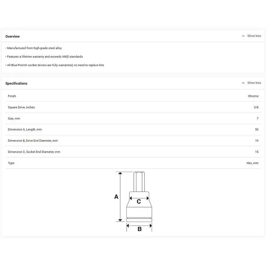 blue-point-38-inch-952-mm-drive-standard-hex-socket-driver-chrome-finish-alloy-steel-body-and-size-7-mm-blph387