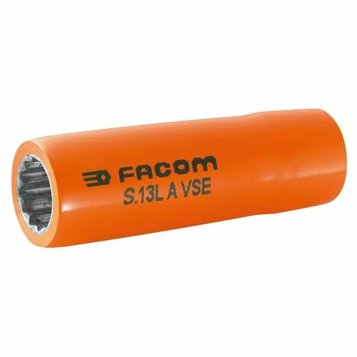 Facom 1/2 inch Drive 19mm Insulated Long Socket, 12 point, VDE/1000V, 77 mm Overall Length, S.19LAVSE
