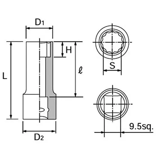 Ktc 12 Corners Semi-Deep Socket 9.5 mm Sq. Drive, B3M-09W