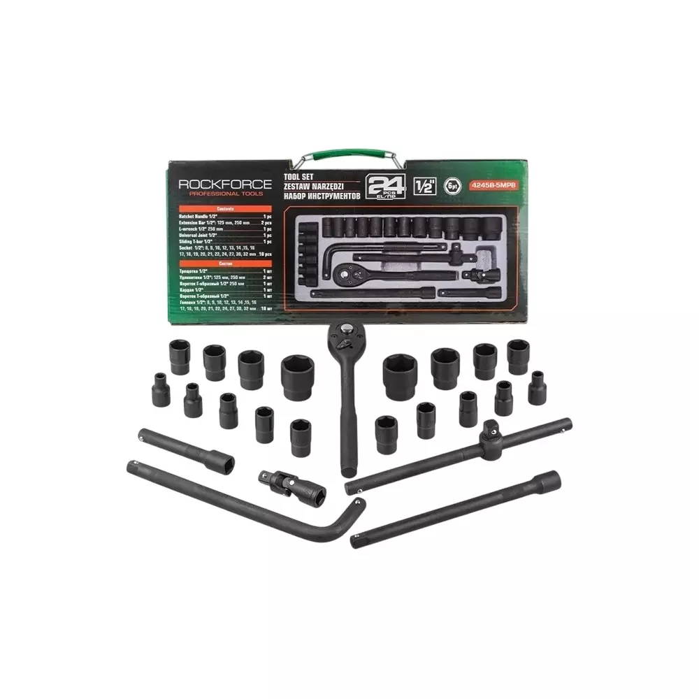 Rock Force Socket Set 8 - 32 mm Head range 12.7 mm (1/2 inch), RF-4245B-5MPB (Pack of 24 Pcs)