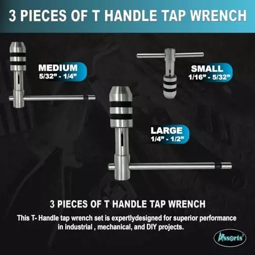 Assorts T-Handle Tap Wrench Set Tool Steel 1.59 to 3.97 mm, 3.97 to 6.35 mm, 6.35 to 12.7 mm for Taps, Reamers, Screw Extractor (Pack of 3)