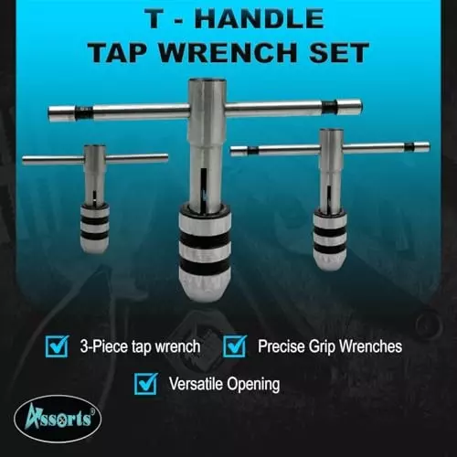 Assorts T-Handle Tap Wrench Set Tool Steel 1.59 to 3.97 mm, 3.97 to 6.35 mm, 6.35 to 12.7 mm for Taps, Reamers, Screw Extractor (Pack of 3)