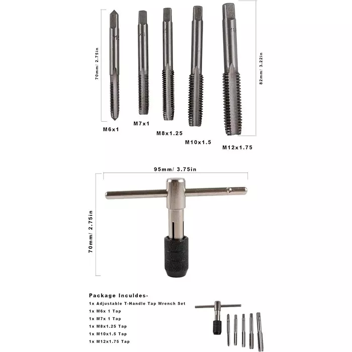 DY TOOLS Adjustable Metric T-Handle Tap Wrench Set M6-M12 Thread Size (Set of 6 Pcs)