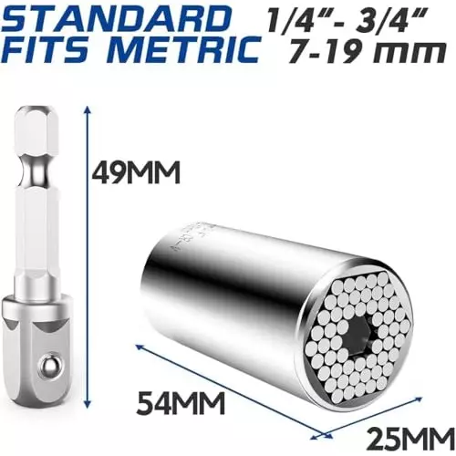 DY TOOLS Multi-Function Universal Socket Wrench with Power Drill Connector Stainless Steel 7-19 mm Size