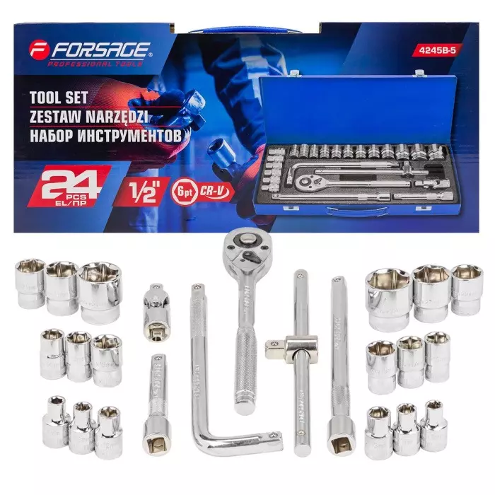 FORSAGE Socket Wrench Set 8-32 mm Socket Size 6 Point Hex Chromium Vanadium Blue, F-4245B-5